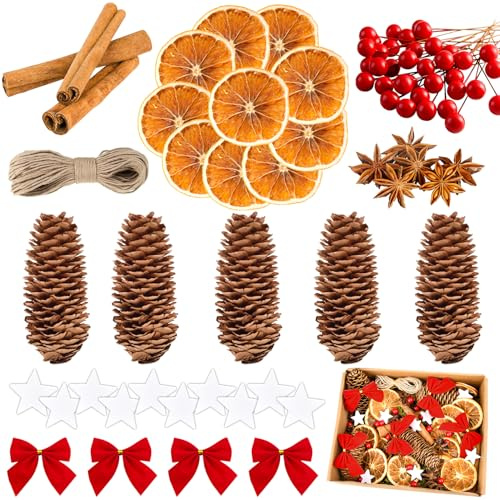 119 Pièces Pot Pourri Noel, Kit Couronne de Noel Decorer, Décorations Couronne de Noël, Tranches Orange, Bâtons Cannelle, Anis étoilé, Branches Pin, Baies, pour Décorations Noël à Faire Soi-même