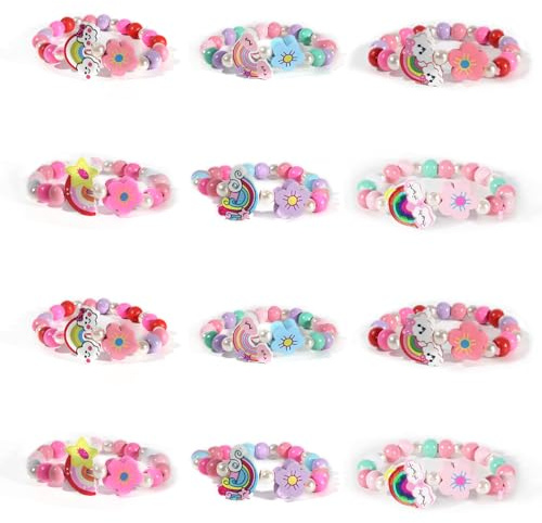 Set de 12 Pulseras de Madera Arcoíris – 6 Diseños Diferentes, Pulseras de Amistad para Niños, Niñas y Niños, Pulsera Infantiles, Detalle para Fiestas Infantiles, Regalo para Niñas de 5-10 Años