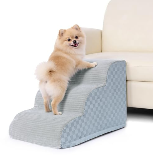 Exsnugy Dog Stairs for Small Dogs, 3-Step Pet Ramp for Couch & Bed with Washable Cover, High Density Foam and Non-Slip Bottom Grey