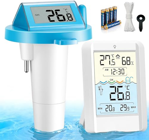 Warmfay Termómetro de piscina inalámbrico digital, funcionamiento solar y con batería, impermeable IP68 con receptor de hasta 70 m de alcance, termómetro inalámbrico para piscina, bañera, estanque o
