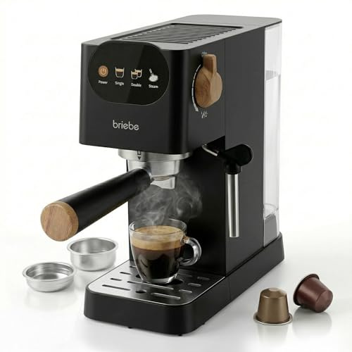 briebe Nordic Macchina Caffè Espresso 20 Bar, Compatibile con Capsule Nespresso e Caffè Macinato Semiautomatica Professionale 1350W, Montalatte, Display Touch, 1,2L, Design Scandinavo, Nero