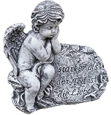 stoneandstyle Grabschmuck Steinfigur Engel am Fels mit Trauerspruch, massiver Steinguss, Frost- und wetterfest