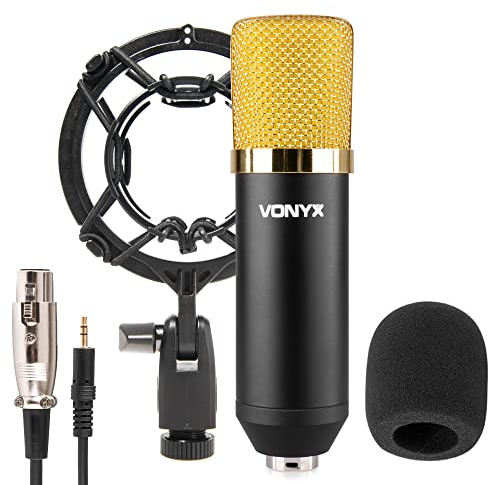 Vonyx CM400 Microfono de Estudio, Gaming, Podcast, Streaming, Youtube, de Condensador. Ideal para Voz o Instrumentos, conexion Mini Jack Incluido, Soporte Anti Vibraciones, Color Negro y Dorado