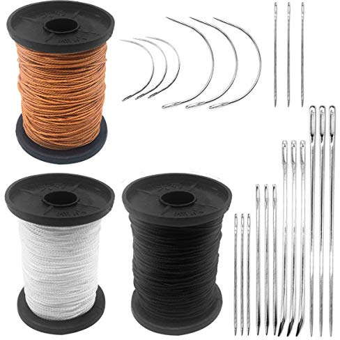 Ckanday Aghi resistenti per uso domestico, con 3 rotoli di filo extra forte per tappezzeria, 7 stili di aghi da cucito per pelle e tela e filo di nylon, confezione da 21 pezzi