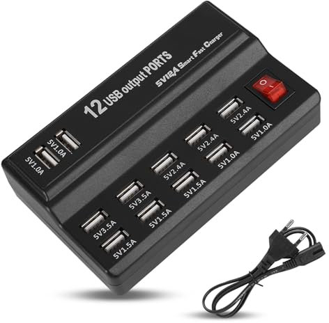 Station de Charge 12 Ports, Adaptateur Secteur Hub USB 5V 10A, Chargeur Multi Ports pour Téléphone Portable, Tablette et Autres Appareils (EU)