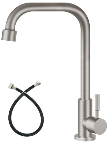 Heyalan Cold Only Water Kitchen Faucet Brushed Nickel Single Lever Handle 304 Stainless Steel Commercial Bar Tap Decked Mounted 360 Degree Swivel Spout Longer Thread Pipe