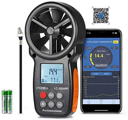 LYCEBELL Anemómetro Digital de Mano, LC-100-APP Bluetooth Medidor de Velocidad del Viento, Temperatura, Enfriamiento del Viento, para Navegar Cometa Surf Pescar, con Conexión a la APP