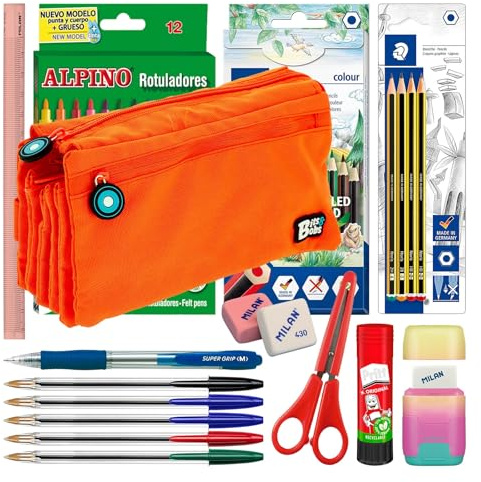 ColePack set med fyra fack för skolmapp med 4 dragkedjor och skolmaterial från toppmärkena ingår (orange)
