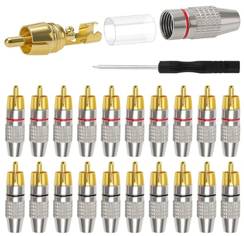 KUOQIY 20 Pezzi Connettore Audio Video Spina RCA Placcato Oro, Spina Maschio-RCA Senza Saldatura, con Cacciavite, per Multimedia e CCTV (10 Neri + 10 Rossi)