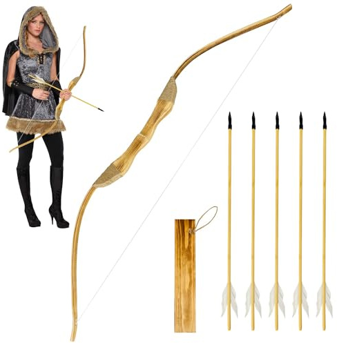 Basbon Wooden Bow and Arrow Set, 40 Inch Handmade Wooden Bow and Arrow Cosplay Costume Prop Archery Set Games Toys, 1 Bows 1 Quivers and 5 Feather Arrows, Gifts for Kids Youth Boys and Girls