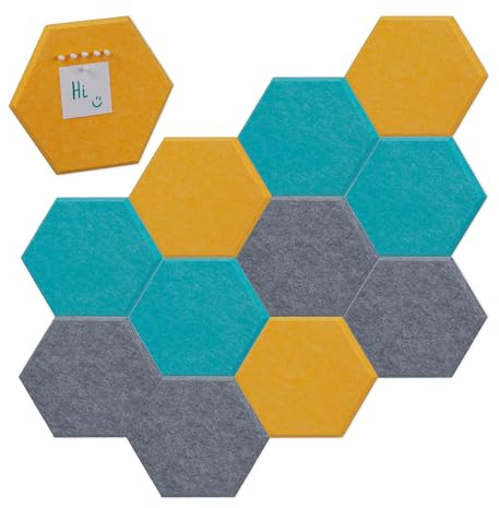 Relaxdays Juego tablones Set 12 Tableros de Fieltro Hexagonales, 3 Colores, Pizarras Anuncios, 26x30x0,9 cm, con Chinchetas, Multicolor