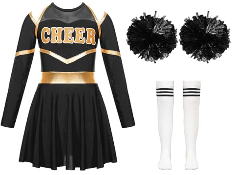 Alvivi Enfant Fille Déguisement Pom-pom Girl Uniforme Pom Pom Girl Robe Manches Longues Costume Performance Carnaval Halloween 5-16 Ans A Blanc et Noir 11-12 ans