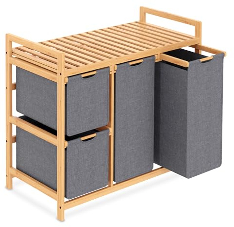 iEGrow Wäschekorb 4 Fächer 150L, Wäschesammler 4 Fächer, Bambus Wäschewagen mit Ablage für Schmutzwäsche, Push-Pull Wäschesack aus Oxford-Gewebe, 2 x 50 L, 2 x 25L Grau Wäschebox