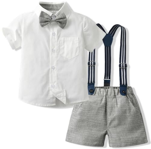 Yaopelky Bambino Completi estivi da gentiluomo Camicia a maniche corte con papillon Pantaloncini con bretelle Tuta 1-8 anni (Grigio, 6-7 anni)