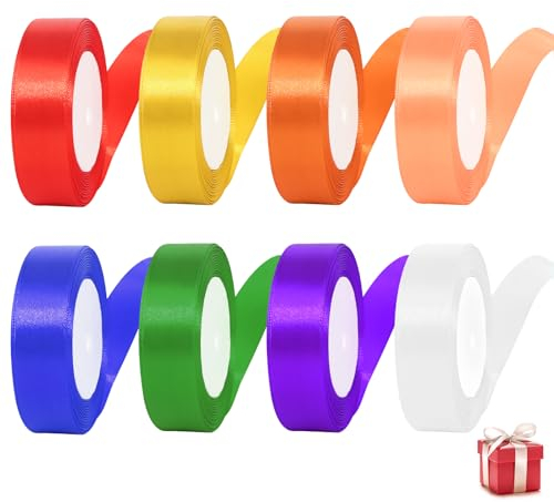 8 Farben Polyester Satinband, 25mm Breit Geschenkband Bunte Stoffbänder, Geschenkband Stoff für Geschenkverpackung Kunsthandwerk Haarschleifen Blumenstrauß Dekoration (22m/Roll)
