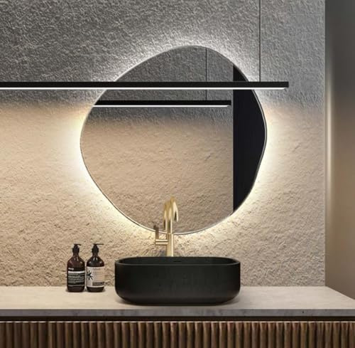 FAWdecor Asymmetrical Washbasin LED Mirror, Irregular Bathroom with Lights, Decorative Light Up, Aesthetic Backlit (Warm Light, 27.5x27.5 inc)