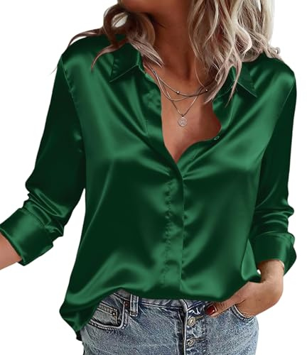 Zeagoo Blusa de Satén para Mujer Cuello en V Camisas Elegante Blusas S-XXL | Manga Larga Camisa con Botones | Blusa de Seda | Casual de Seda Top | Parte Superior Informal Sólida Suelta