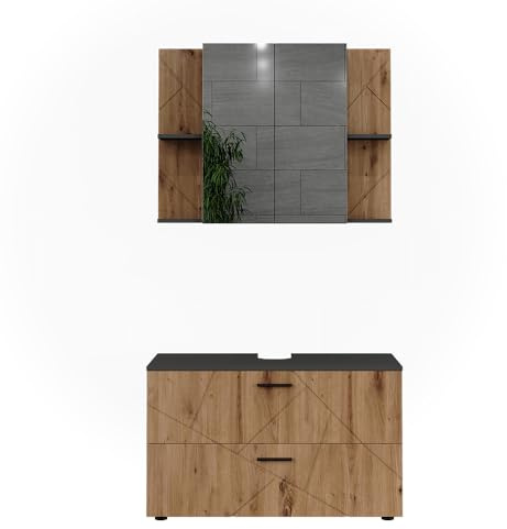Vicco Badmöbel-Set Anthrazit/Artisan Irma, bestehend aus Waschbeckenunterschrank, Spiegelschrank - Harmonische Farb- und Materialkombinationen