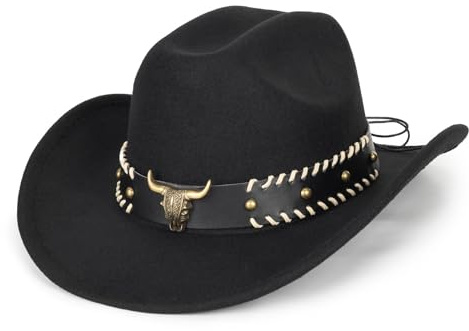 Chapeau de cowboy noir pour homme et femme - Style occidental - Chapeau Fedora Panama en feutre à large bord avec boucle de ceinture amovible, c-noir, M