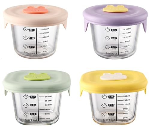 Contenedores de alimentos para bebés 4pcs 230 ml redondo y cuadrados de vidrio no tóxico frascos de alimentos para bebés con tapa y escala de silicona -20-400 ℃ Contenedores de almacenamiento de.