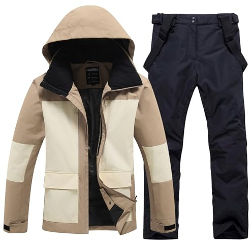 HOUZONIY Vinteroverall för män, skidjacka och skidbyxor, set för män, tvådelad, utomhus, skidkläder, vindtät, skiddräkt med huva, för skidåkning, snowboard, Khaki + svart, XL