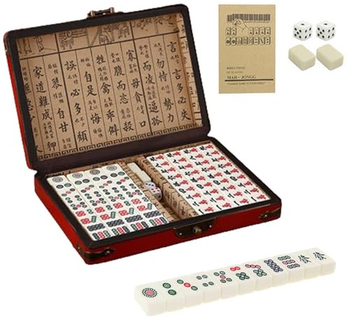 White Engraved Mini Majong Set, Mini Mahjong Set, 144PCSChinese Traditional Mahjong Set, Portable Family Mahjong Game Set with 2 Dice & Leather Carrying Case Box