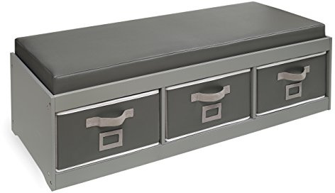 Badger Basket Kids’ Storage Bench with Cushion - Foldable Toy Organizer with 3 Removable Bins, Faux Leather Seat, Durable Wood Frame - Seating and Storage for Playroom or Bedroom - Gray