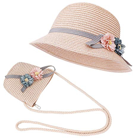 FT-SHOP Strohhut und Kleine Tasche Set Mädchen Kinder Sommer Sonnenhut mit Blumendekoration für den Urlaub Reise Outdoor-Aktivitäten