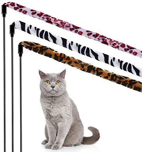 Sumind 3 Pieces Jungle Cat Wand Cat Teaser Charmer Interactive Fun Toys Wand Kitten Kitty Playing Toy, 3 Styles(Classic Color)