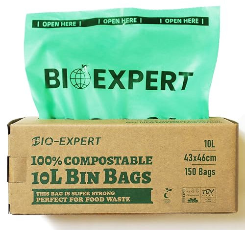BIO-EXPERT 10L Bin Liner 150Bags 100% Compostable Biodegradable Bin Bag Made from Plants with En13432 & Home Compost Certification Leakproof Super Strong Green Color (10L 150Bags)