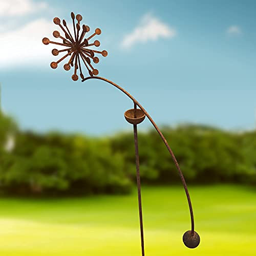 GAP GARDEN PRODUCTS - Solid Metal Rustic finish Garden Wind Spinner/Rocker with a 3D Allium design on a Single arm (Bare metal and will rust natuarally)