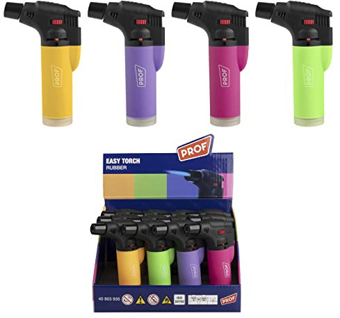 PROF Soplete De Cocina Soft, Profesional Antorcha Butano Encendedor Mechero, Recargable, con Bloqueo de Seguridad & Llama Ajustable para barbacóa Crema Cámping (Gas precargado), Pack x12