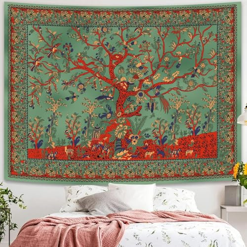 Simpkeely Tree of Life Tapestry, Aesthetic Indian Mandala Wall Hanging, Tie Dye Bohemian Tapestries Wall Art Décor for Bedroom, Dorm, Living Room 130cm x 150cm (Green)