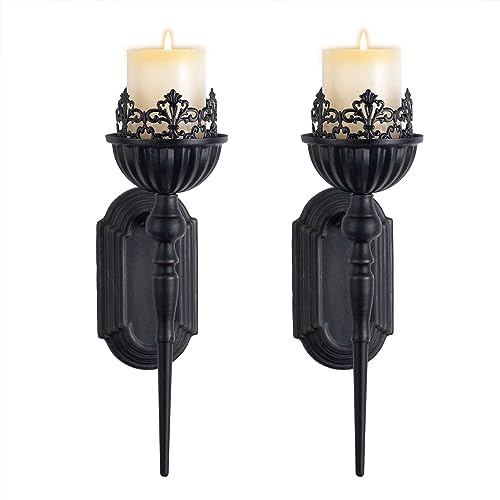Gothic Wall Sconce Candle Holder (Set of 2) Black Crown and Scepter Design Wall-Mount Metal Candle Holders Hanging Iron Wall Candle Sconce Holder for Living Room, Bathroom, Dining Room