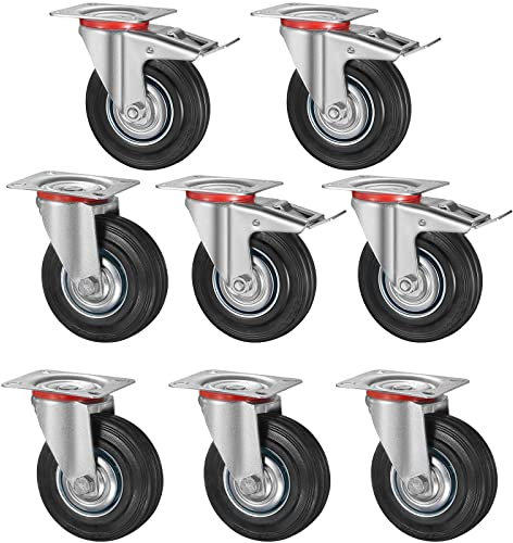8 Ruedas para Cargas Pesadas de 200 mm, Ruedas de Transporte con Freno de Hasta 650 kg, Ruedas para Palés, Ruedas para Muebles, Giratorias 360°, sin Ruido (4 Ruedas de Freno, 4 Ruedas Giratorias)