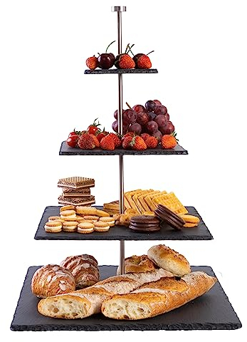 eGenuss Fuente de 4 Niveles, Bandeja de Pizarra 4 Pisos | Platos Cuadrados Pizarra