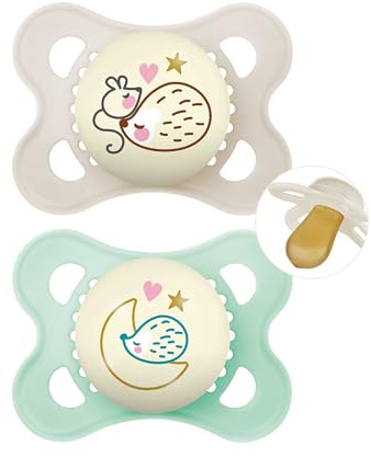 MAM Latex Original Night Soothers | 0-6 Months | Glow in The Dark Dummies | Comes in Dummy Steriliser Case | Baby Accessories for Newborn | Green/Cream (Various Designs)