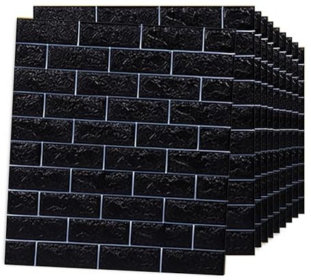 HAILM 3D Ziegel Wandpaneele, Faux Ziegel Strukturierte Tapete 70x77cm, wasserdichte Abdeckung Panels für Wanddekor, Selbstklebende Stick und Peel, Pack Von 10 Fliesen 58 Sq Ft,Schwarz
