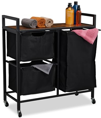 Relaxdays Mueble para Ropa Sucia, 3 Cestos Extraíbles, Estantería Colada con Ruedas, Diseño Industrial, Negro y Marrón