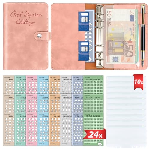 Geld Sparen Challenge Buch mit 8 Sparchallenges (24er Set) - Budget Planner Deutsch Challenges - Spar Challenge für Budgetplaner - Finanzplaner Haushaltsbuch - Cash Stuffing - Budget Binder A6 Leder