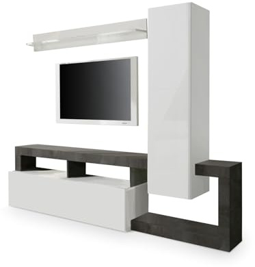 Web Convenienza Parete TV Hamburg Bianco Lucido Attrezzata - Mobile Televisore in Legno con Pensili ad Ante a Ribalta Moderno (1 Pensile Alto, Ossido)