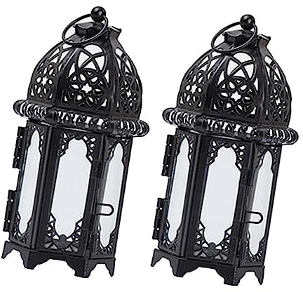 RORPOIR Porta Velas Pack de 2 Piezas de Hierro y Vidrio Linterna Estilo Marroquí Lámpara Ligera y Autoportante para Decoración Romántica en Oficina y Estantería