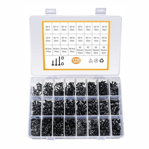 Set Di Viti e Dadi a Testa Esagonale a Filettatura Piena,1225 Pcs,m2/m3/m4/m5,Con Rondelle e Chiave Esagonale,Con Valigetta Di Custodia,Acciaio Al Carbonio,Nero