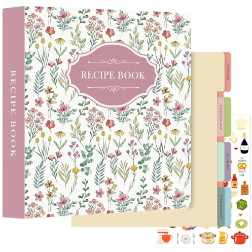 Lanpn Raccoglitore per Ricette, libro Ricettario a 3 Anelli Quaderno per Ricette da Scrivere con 8 Divisori & 2 Adesivi, Recipe Binder Cook Book Journal to Write in Your Own Recipes, Rosa, Inglese