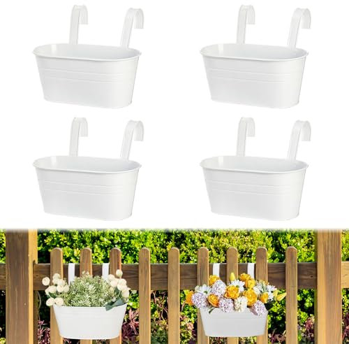 LCUHAVA 4 Stück Metall Blumentopf Hängend, Groß Hängetopf für Pflanzen, 27cm Blumentöpfe zum Aufhängen, Mit Abflussloch, für Balkonzäune, Gartendekoration, Mauerzäune (Weiß)