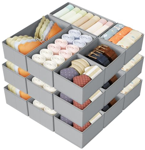 DIMJ Set of 16 Drawer Organizers, Nursery Storage, Bedroom Organiser, Grey | Fabric Dresser Clothing Organisers, Closet Organisers and Storage, Drawer Dividers for Baby Clothes, Socks, Belt, Ties