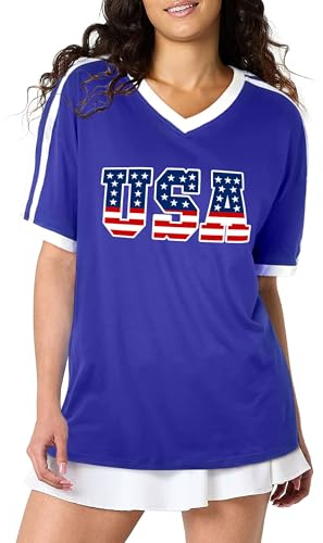BVUSHM USA Flag Shirt for Women Y2k Tops Short Sleeve T Shirts America Jersey Contrast Binding V Neck Tee USA-Blue X-Large