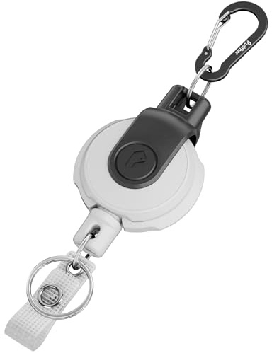 pullther Llavero retráctil, giratorio 360°, duradero y extensible, carrete de identificación táctico con extensible, cuerda de acero de 80 cm, 250 g, color blanco y negro