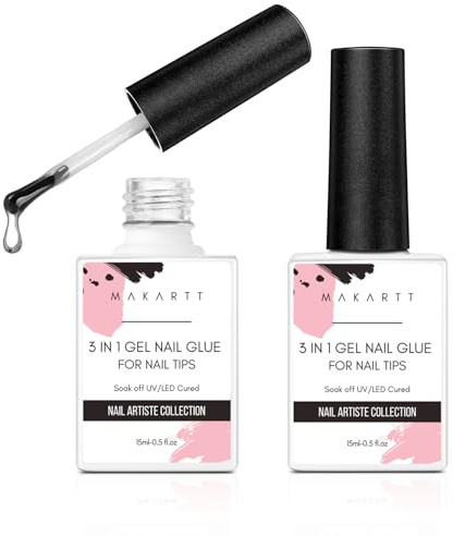 Makartt Nail Glue Extra Strong for Acrylic Nails, 3 in 1 Super Strong Brush On Nail Glue Base Coat Slip Solution, Long Lasting UV Glue for Press on Nails Adhesive Glue 15ML*2Psc, Curing Needed
