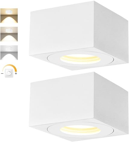 2x Faretti da Soffitto, Quadrato, Dimmerabile, Faretto LED Interno IP44, Ø80x50mm Faretto da Soffitto Piatto, Bianco, Modulo LED 5W 550LM 230V, 3CCT 3000K/4000K/6500K, Faretti Alluminio per bagno